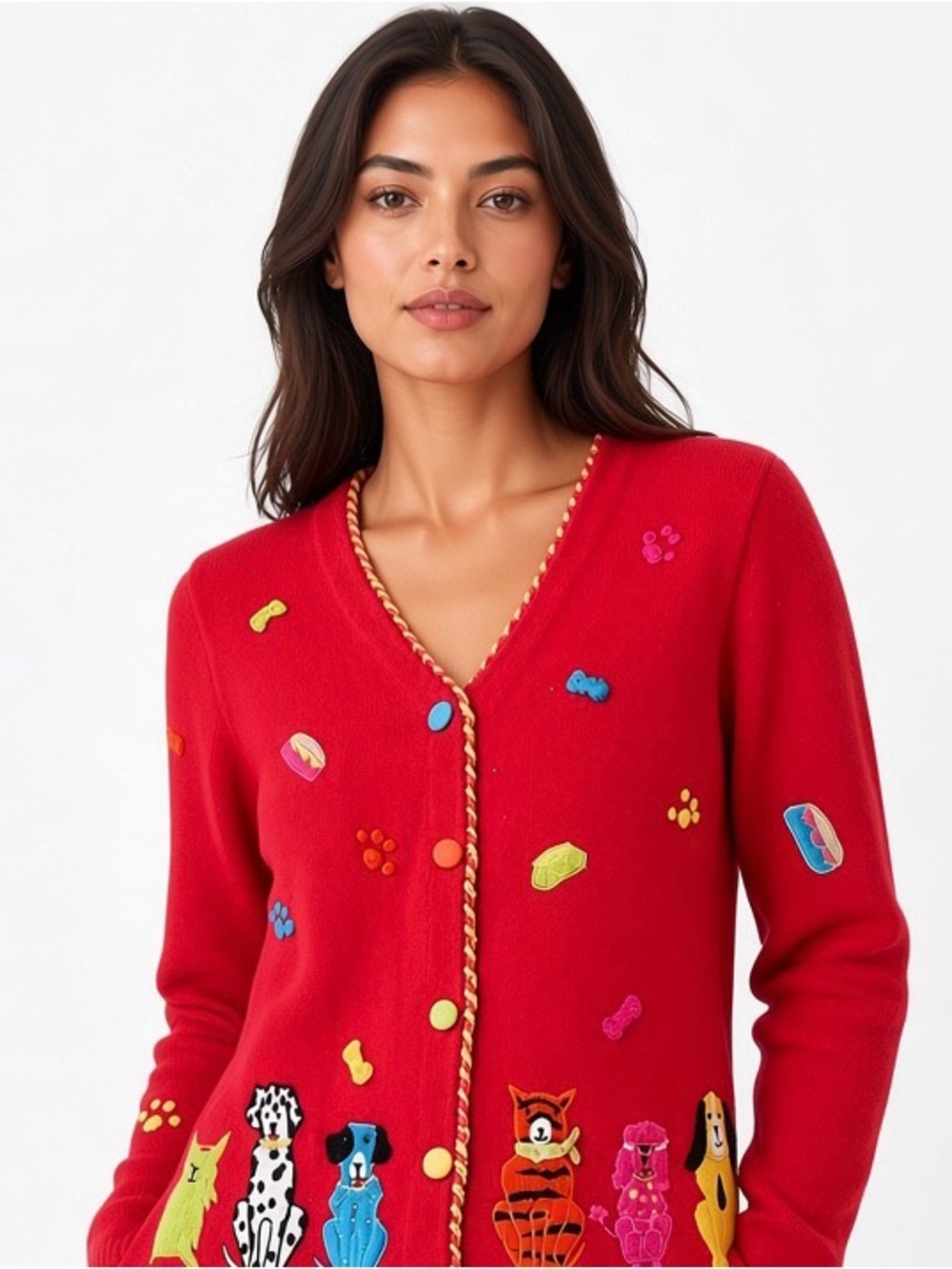 The Quacker Factory vibrant red DOGS cardigan COTTON RAMIE SZ S VTG